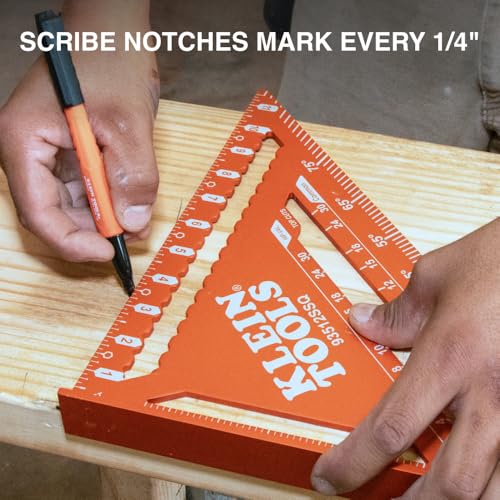 Klein Tools 93512SSQ Rafter Square, 12-Inch, Double Laser Etched Aluminum, Multi-Functional, Carpenter Measuring Layout Tool, Triangle Ruler for Woodworking - size: Rafter Square, 12-Inch