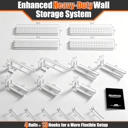 Garage Tool Organizer Wall Mount 66 inches with 13 Adjustable Heavy-Duty Hooks, Garage Organization, Garden Tool Storage Rack for Garage,Yard,Shed, Holds Up to 520 lbs,White - color: White, size: 64" | 4 Panels + 13 Hooks