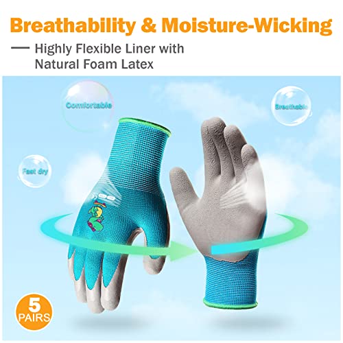 KDK 5 Pairs Kids Gardening Gloves Yard Work Gloves Children Soft Safety Rubber Coated Glove for Toddlers Youth Girls Boys Children (9-12yr L) - size: Large (Age 9-12)