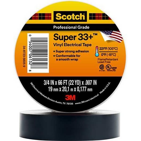 3M Scotch Super 33+ Electrical Tape, 2 in x 66 ft, 1 Roll, Black - size: 2" X 66'
