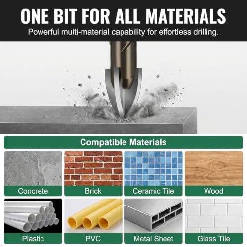 Carbide Tip Tile Drill Bit Set, 7 Piece Cross Head with Hex Shank, 3-12mm, for Ceramic, Glass, Concrete, Brick, Wood, Plastic