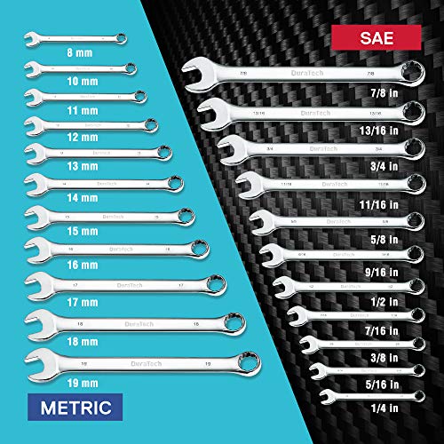 DURATECH Combination Wrench Set, SAE & Metric, 22-piece, 1/4-7/8" & 8-19mm - size: Metric&SAE (8 to 19mm & 1/4" to 7/8")