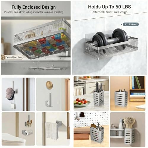 PUSDON 5-in-1 Wide Wall Mount Wrapped Mesh Kitchen Organizer & Shower Caddy Kit, with Paper Towel Holder, Utensil Holder, Soap Dish, Heavy Duty 50LBS - Silver Gray, Netting - color: Silver Grey, size: 5-in-1 Full Mesh (12.6" Wide)