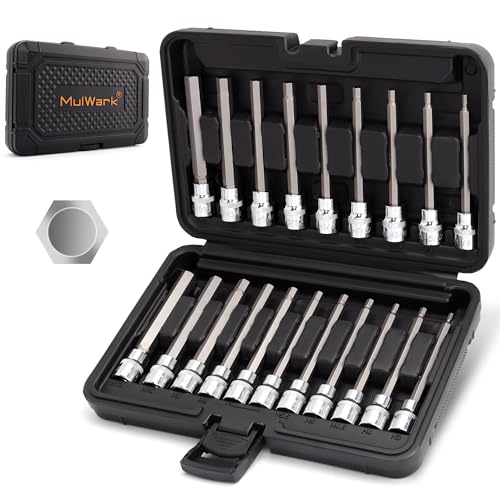 Mulwark 20PC 3/8" Drive Extra Long Allen Hex Bit Socket Set - Long Allen Socket Set contain Metric Allen Sockets 3mm - 12mm | SAE Hex Sockets 1/8'' - 7/16'' with Storage Case for Repair and Assembly - size: 20PCS Long Hex Socket Set