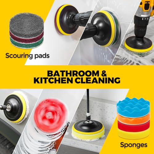 Holikme 22Pack Drill Brush Attachments Set, Scrub Pads & Sponge, Buffing Pads, Power Scrubber Brush, Car Polishing Pad Kit,Wax Applicator Pad,Car Cleaning Kit，Cleaning Supplies，Masonry Brushes,Black - color: Black