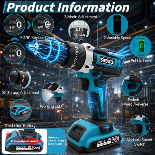 21V Cordless Drill, 2 Batteries, 50Nm Torque, 30-Piece Kit
