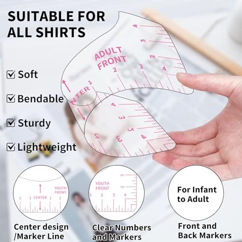 9pcs Tshirt Ruler Guide for Vinyl Alignment, T Shirt Rulers to Center Designs, PVC Measurement Template, Sewing Supplies Accessories Tools for Cricut Heat Press & HTVRONT HTV Transfer Vinyl (Pink) - style: Tshirt Ruler-9-Pink