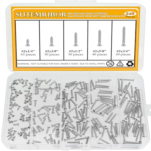 245 Pieces #2 x 1/4" 3/8" 1/2" 5/8" 3/4" Wood Screws Set, Phillips Countersunk Head #2 Self-Tapping Screws Assortment Kit, 304 Stainless Steel - size: #2, style: Phillips Countersunk Head