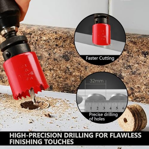 Greywolf 15 pcs Bi-Metal Hole Saw Set, M3 HSS Hole Saw Kit with 3/4"-2-1/2" (19-64mm) 9 pcs Hole Saw Blades, Boxed, with Arbor, Drill Bit, Hex Wrench, for Metal, Wood, Plastic - color: Red