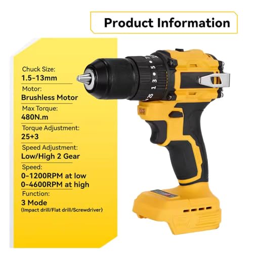 Brushless Drill Driver Compatible for Dewalt 20V Battery (No Battery), Cordless 2 Speed (0-450/1800RPM), 25+1 Torque, 3/8" Keyless Chuck for Home Repair