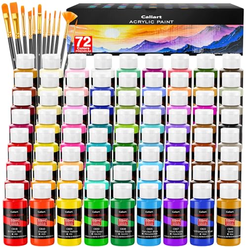 Caliart 72 Colors Acrylic Paint Set with 12 Brushes - color: Regular, size: 2 Fl Oz (Pack of 72)