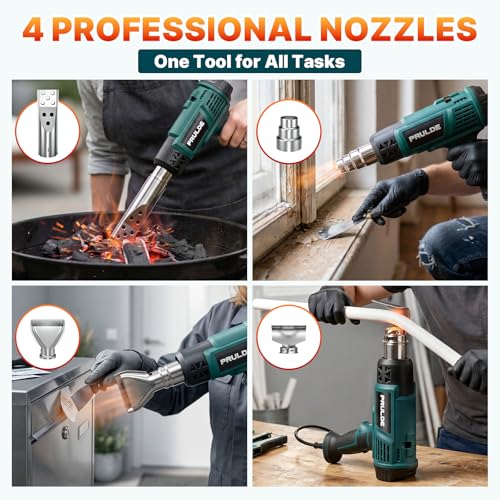 Heat Gun - PRULDE Dual Protection Fuses 1500W Heavy Duty Fast Heat Hot Air Gun with 122℉ to 1202℉ Dual-Temperature Settings and 4 Nozzles with Overheat Protection for Crafts, Vinyl Wrap, Shrink Tubing