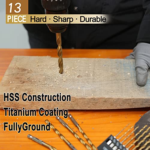 GMTOOLS 13 Pcs Titanium Coated Twist Hex Shank Drill Bit Set, 135 Degree Tip HSS Impact Drill Bit Set with Storage Case for Metal, Aluminum, Steel, Wood, Plastic, Quick Change Design 1/16" to 1/4" - style: 13PCS