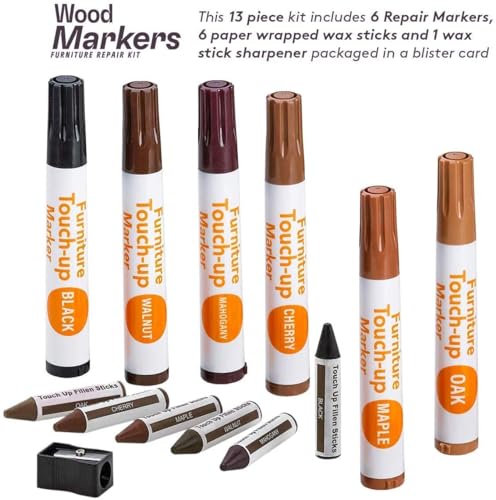 13-Piece Wood Stain and Scratch Repair Kit by Katzco - Furniture Markers and Wax Sticks - Covers Scratches, Stains and Scuffs on Floors, Cabinets and Desks - Includes Sharpener
