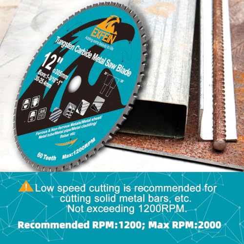 12 Inch 60T Metal Circular Saw Blade - EXFEIN Tungsten Carbide Tipped Saw Blade Arbor 1-3/16" for Metal Sheet or Pipe, Angle Iron, Rebar, Ferrous Metals, Non-Ferrous Metals - size: 12"