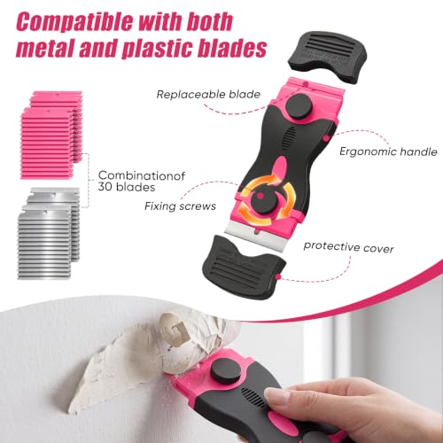 2 Pack Double-Ended Razor Blade Scraper, 30 Blades(pink) - color: 2 Pink