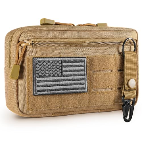 FRTKK Tactical Molle Admin Pouch Utility Laser Cut EDC Tool Pouch Bag Horizontal Modular Pouches Include US Flag Patch and Keychain - color: Tan