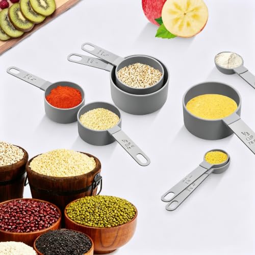 Measuring Cups Set Measuring Spoons Set, Nesting Measure Cups with Stainless Steel Handle, For Measuring Dry and Liquid Ingredients Small Teaspoon with Plastic Head (Grey) - color: Gray