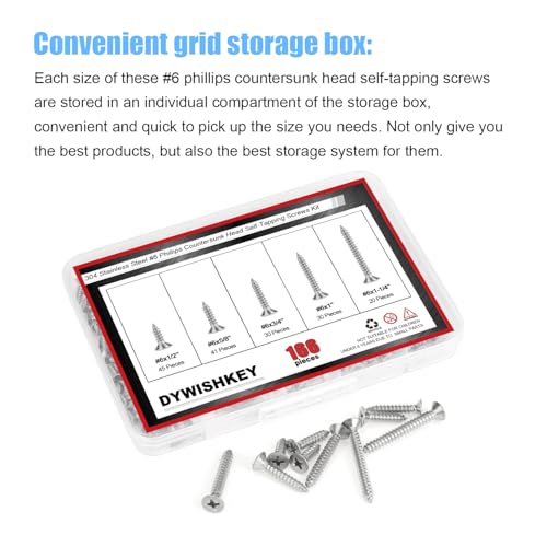 DYWISHKEY 166-Piece Wood Screws Assortment Kit - #6 x 1/2", "5/8", "3/4", "1", "1-1/4" Screws - size: #6