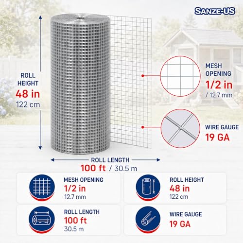SANZEUS Hardware Cloth, 48in x 100ft 1/2in Mesh, 19GA Chicken Wire Fencing - size: 1/2inch 48inx100ft