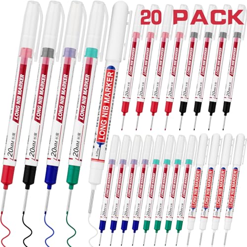 20 PCS Long Head Deep Hole Marker Pens,20mm Long Nib Marker, Longs Nose Markers, Waterproof Construction Markers Marking Tool,Permanent Markers Carpenter Ink marker Pens,Metal marking Pens - color: 20PCS-20MM-Red/Blue/Green/Black/White