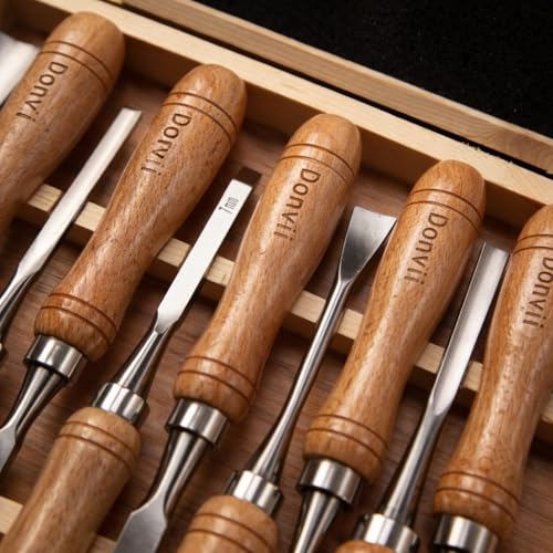 12-Pieces Wood Carving Tools Set – Professional Carving Chisel with Razor Sharp CRV-60 Steel Blades and Wooden Handles in a Wooden Storage Case- Wood Carving Kit