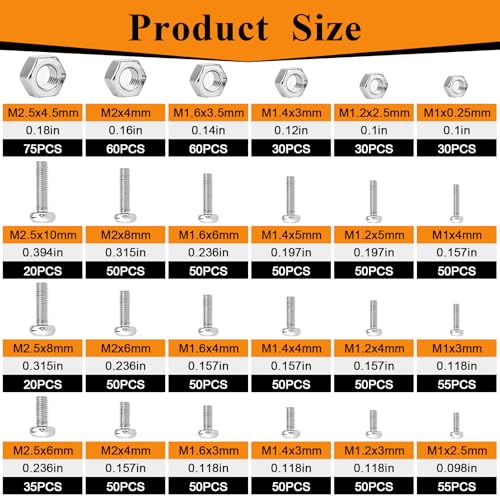 1120Pcs 304 Stainless Steel M1 M1.2 M1.4 M1.6 M2 M2.5 Metric Micro Screws Nuts Assortment, Hex Nuts, Phillips Pan Head, Small Machine Screws, for Arduino, RC Models, Electronics and DIY - size: 1120pcs