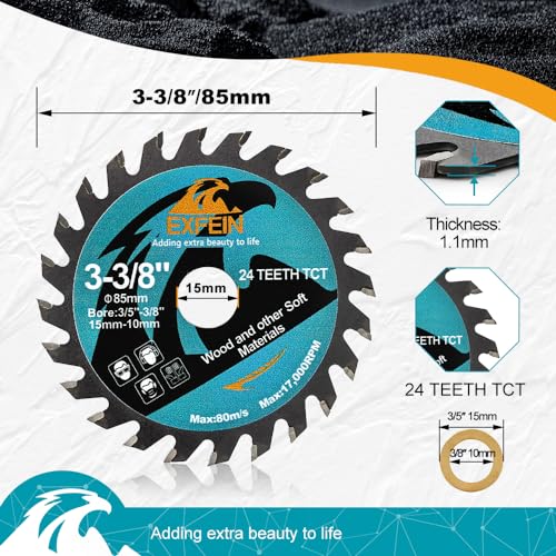 Wood Cutting Disc 3-3/8" 2pcs - 24T TCT Carbide Tipped Teeth Compact Circular Saw Blade with 10mm Arbor, General Purpose for Cuttting in Wood Plastic and Composite Materials - size: 85mm