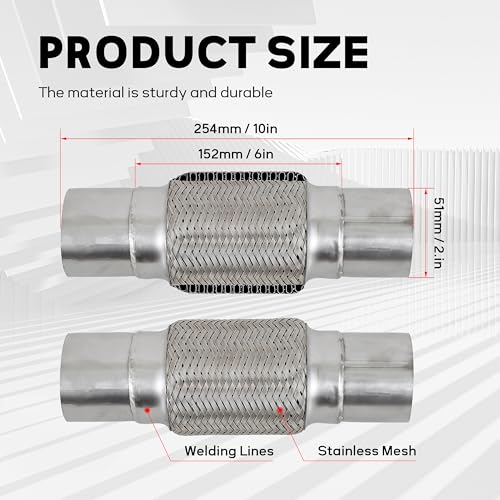 2''X6''universal stainless steel Exhaust Flex Pipe with Ends 10" Inch Long Heavy Dutydouble braided bendable exhaust Flex Pipe - size: 2''X6''X10''