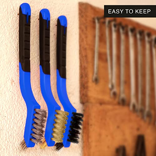 Lavaxon Wire Brush Set 3Pcs - Nylon/Brass/Stainless Steel Bristles with Curved Handle Grip for Rust, Dirt & Paint Scrubbing with Deep Cleaning – 7 Inches (Blue) - color: Blue