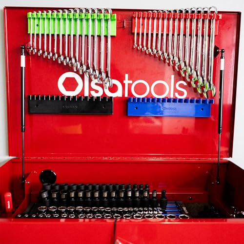 Olsa Tools Magnetic Wrench Organizer, Red - 15 Slot Wrench Holder - SAE and Metric Magnetic Wrench Rack - Rubberized Scratch Free Base - Wall or Toolbox Mountable Wrench Storage - Part: 1877 - color: Red