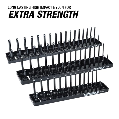OEMTOOLS 22211 3-Pc Socket Organizer (Metric), Socket Holder for Organizing 1/4", 3/8", and 1/2" Sockets, Labeled Posts, Secure Fit, Sizes 4 mm to 27 mm - size: 1/4", 3/8", 1/2" (3-Piece)