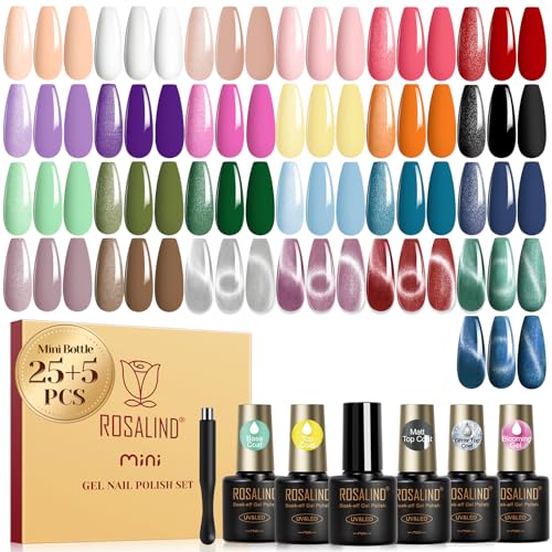 ROSALIND 30pcs Colors Gel Nail Polish Set with Cateye Gel and Base Top Coat | 20 Nude Pink Red Blue Color Gel Polish,5pcs Cat Eye Gel Nail Polish,Blooming gel,3Pcs Glossy Matte Glitter Top Coat,Base Coat - color: All Moods 25+5 Colors