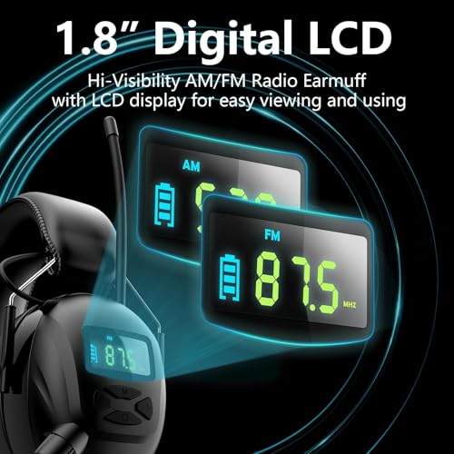 AM FM Radio Headphones with Digital Display, 45H Working Time Rechargeable Hearing Protection Earmuffs, 30dB SNR Noise Reduction Safety Ear Muffs for Mowing, Construction, Woodworking, Shooting