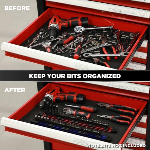 Mayouko 2PCS Magnetic Aluminum Screwdriver Drill Bit Organizer, Sliding Drill Bit Holder with Strong Magnetic Rail, 80 Holes Bit Storage, Hex Bit Organizers, Red And Blue(Bits Not Included)