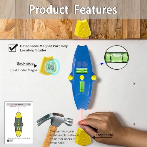 3-in-1 Magnetic Stud Finder with Laser, Wall Scanner with 2 Detachable Magnetic Positioning Modules & 4 Wooden Surface Locator Pins, Stud Finder Leveler Tool for Home Renovation Inspection. (Blue) - color: Blue