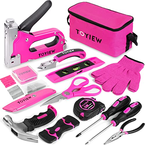 33Pcs Pink Staple Gun Tool Set, 3 in 1 Upholstery Staple Gun for Wood Heavy Duty and 900 Staples, Perfect for DIY Decoration, Crafts, Carpentry, Arts, Pink Tool Kit for Women