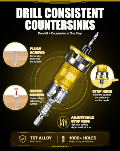 Upgrade 10PCS Countersink Drill Bit Set with Adjustable Depth Stopper - color: Golden, size: Extended - Quick Adjustment