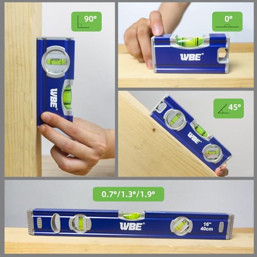 WBE 4-Piece Torpedo Level Set, Aluminium Alloy Magnetic Spirit Level Included 16", 7", 5", 4" Leveler with 180°/90°/45° Bubbles, Clear, Green.