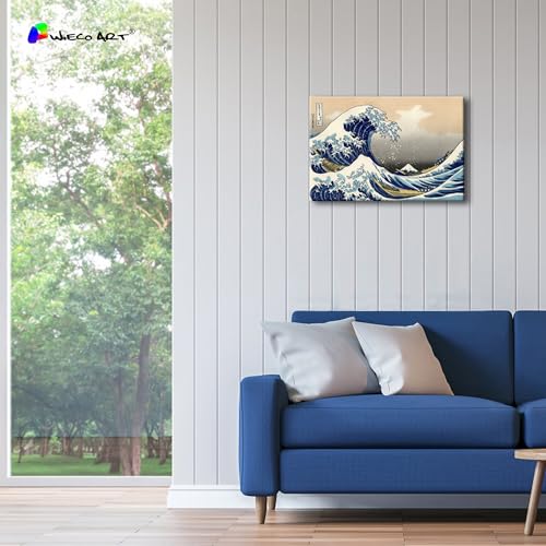 Wieco Art Canvas Prints Wall Art Ocean Beach Picture Paintings for Home Office Decorations Wall Decor Great Wave of Kanagawa Katsushika Hokusai Modern Stretched and Framed Landscape Sea Artwork - size: 16"L x 10.8"W
