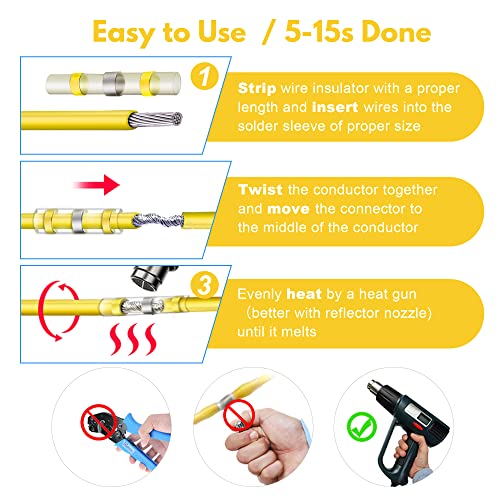 Kuject 100PCS Solder Seal Wire Connectors AWG 12-10, Yellow Solder Seal Heat Shrink Butt Connectors Terminals Solderstick Sleeve Waterproof Wire Splice Connector for Marine Boat Wire Joint - size: AWG 12-10 Yellow