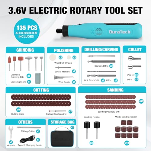 DURATECH 3.6V Cordless Rotary Tool Kit with 135PC Accessories