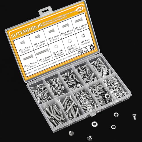 385 Pieces M4 Machine Screws Nuts Washers Set, Sutemribor M4 x 5/6/8/10/12/16/20mm Phillips Countersunk Head Machine Screws Nuts Washers Assortment Kit, 304 Stainless Steel, Fully Threaded - size: M4, style: Phillips Countersunk Head