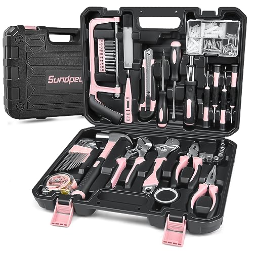 Sundpey 148 Pcs Portable Basic Hand Repair Home Tool Kit Set with Case Pink - color: Pink