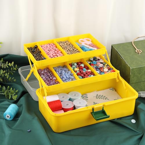 BTSKY 3-Layer Plastic Dividing Storage Box Craft Organizer and Storage - color: Yellow+Green
