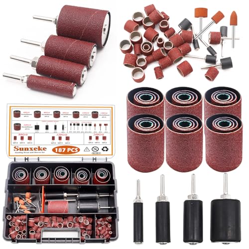 187-Piece Sanding Drum Kit for Drill & Drill Press – Includes 2inch Spindle Sander Sleeves (60/80/120/240 Grit), 4 Rubber Sanding Drums, 1/4-Inch Shank,Versatile Sander Accessory with Box - color: 187pcs-2inch