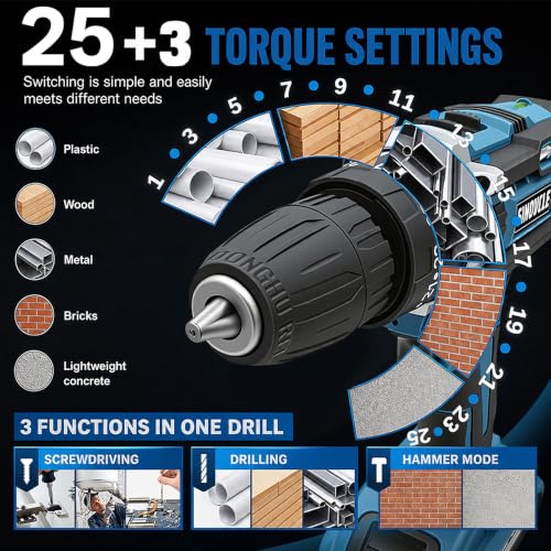 21V Cordless Drill, 2 Batteries, 50Nm Torque, 30-Piece Kit