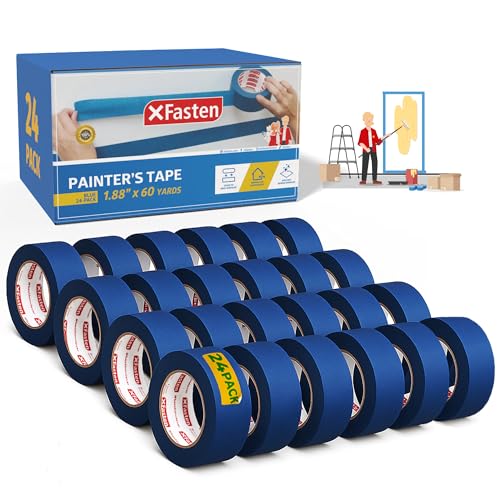 XFasten Blue Painters Tape Bulk, 1.88 Inch x 60 Yards, 1440 Yards Total (24-Pack) Blue Painters Masking Tape Bulk - Sharp Edge Line Technology, Produces Sharp Lines | Residue-Free Wall Trim Tape - size: 1.88 Inch x 60 Yards (24-Pack)