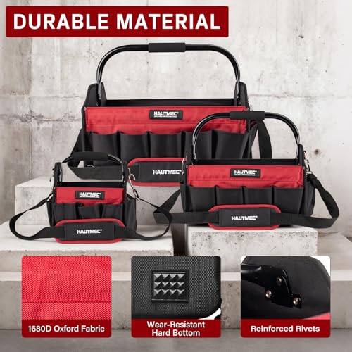 HAUTMEC 3PCS Heavy-Duty Tool Tote Bag Set, 1680D Large Tool Bags with Rigid Frame, Foldable Handle & Padded Shoulder Strap, Water-Resistant Hard Base, Multi-Pocket Tool Box Organizer – HTTBH25052 - style: Tool Tote | 3-Piece