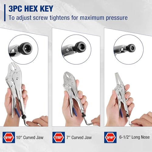 WORKPRO 3PCS Locking Pliers with Hex Key, Long Nose Curved Jaws Vice Grips